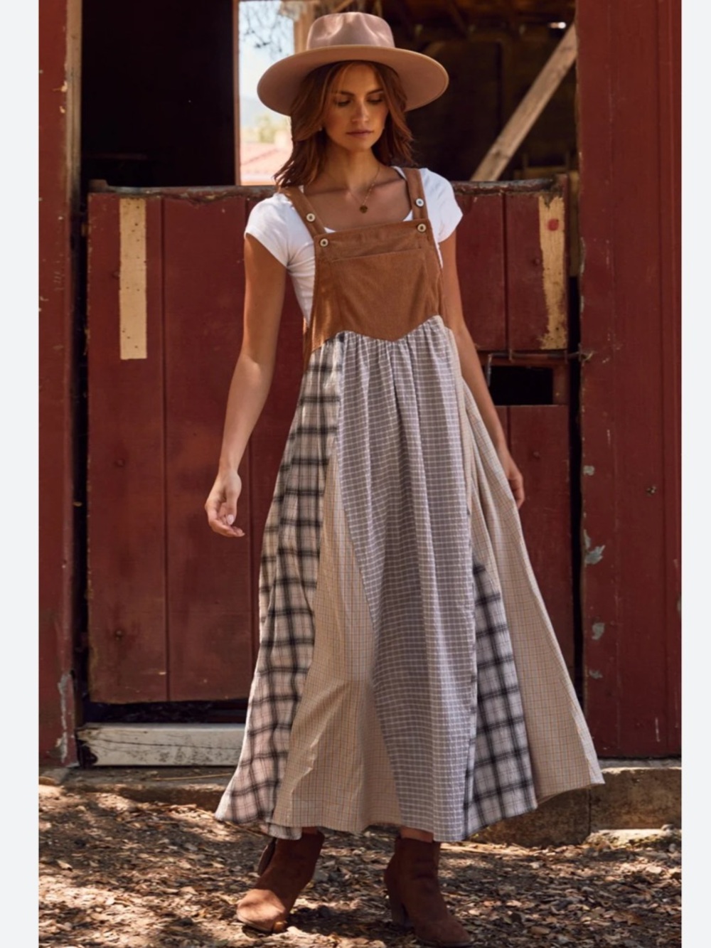 Oddi Plaid Patchwork Boho Cottagecore Overall Flowy Maxi Dress• Large